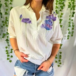 Vintage white blouse with purple floral watercolor design